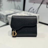 Dior Saddle Trifold Wallet In Grained Calfskin Black
