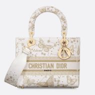Medium Lady D-lite Bag Butterfly Zodiac Motif Canvas White/Gold