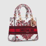 Medium Lady D-lite Bag Le C?ur des Papillons Motif Canvas White/Red