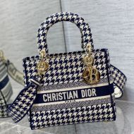 Medium Lady D-lite Bag Macro Houndstooth Motif Canvas Blue