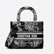 Medium Lady D-lite Bag Toile de Jouy Zodiac Motif Canvas Black