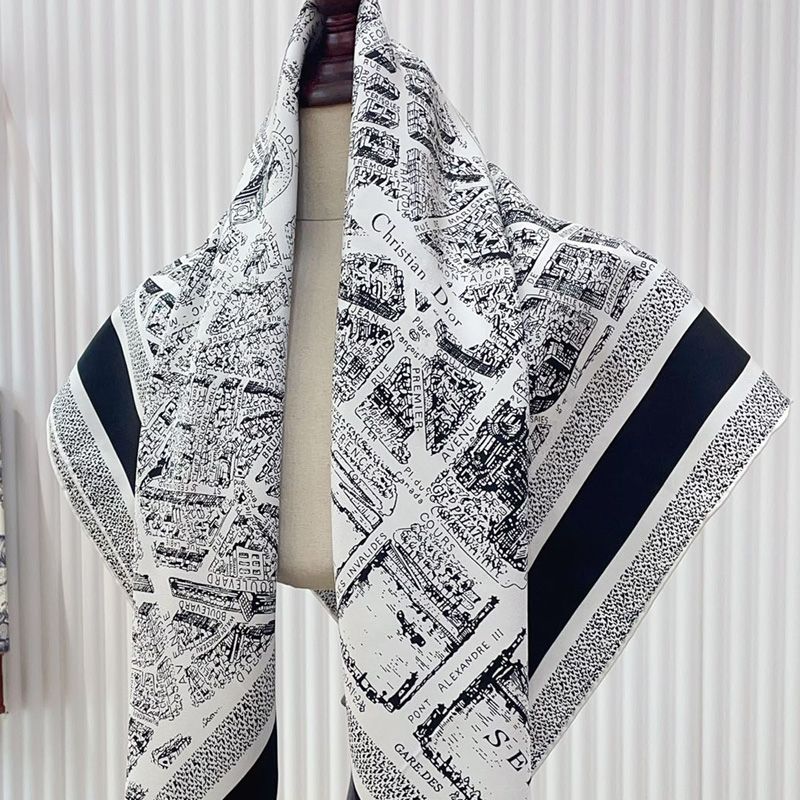 Dior Square Scarf Plan de Paris Motif Silk White