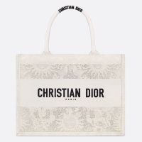 Dior Book Tote In Toile de Jouy Soleil Motif Macrame White