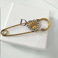 J'Adior Safety Pin Brooch Antique Metal with J'Adior Heart Embellished Crystals Gold