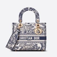 Medium Lady D-lite Bag In Toile de Jouy Motif Canvas Blue