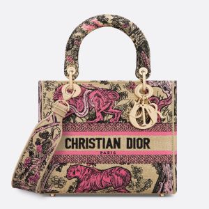 Medium Lady D-lite Bag Toile de Jouy Sauvage Motif Raffia Beige/Pink